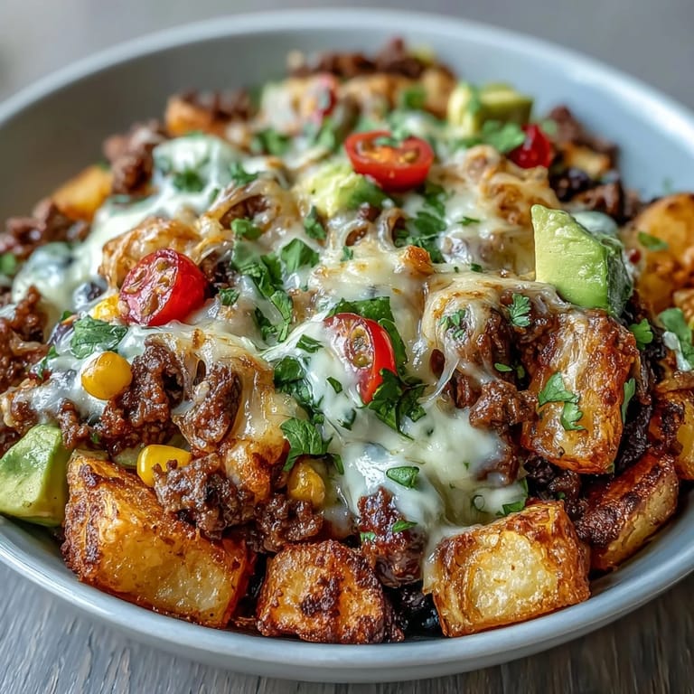 A vibrant Loaded Potato Taco Bowl showcases hearty russet potatoes, seasoned beef, fresh cherry tomatoes, cilantro, and a dollop of sour cream for a zesty finish.  