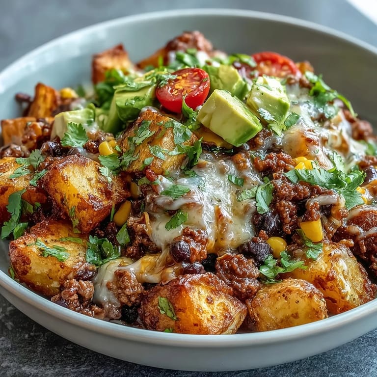Heaping bowl of Loaded Potato Taco Bowl with tender potatoes, seasoned meat, beans, and corn, garnished with shredded cheddar, avocado, and lime wedges.