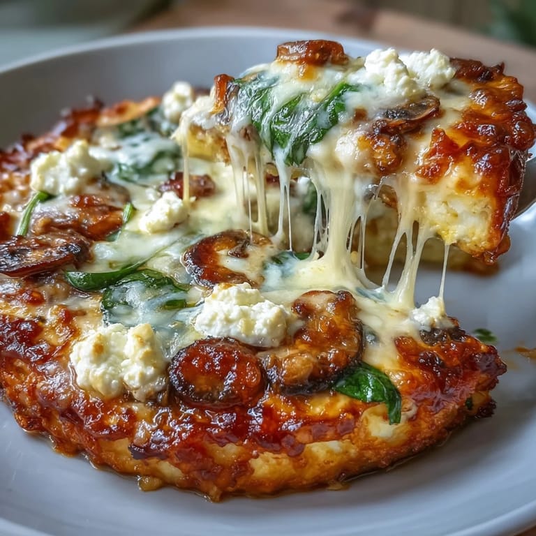 A rustic kitchen counter showcases the finished Cottage Cheese Pizza Bowl, garnished with fresh basil and ready to be scooped.  