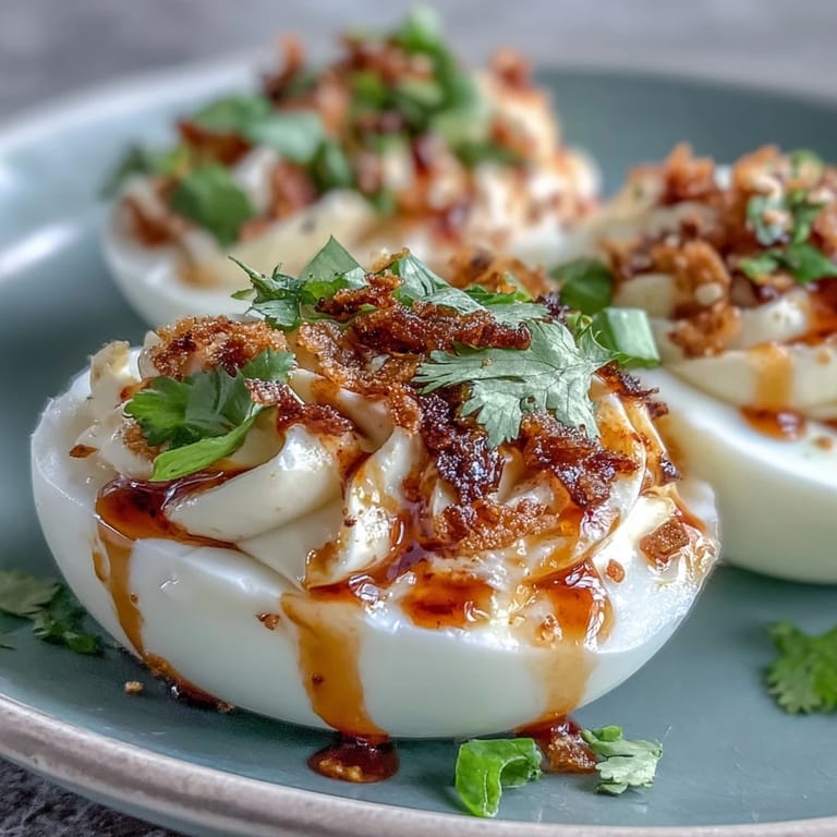 Freshly halved Spicy Chili Garlic Deviled Eggs with creamy yolk filling and a drizzle of savory, spicy oil.