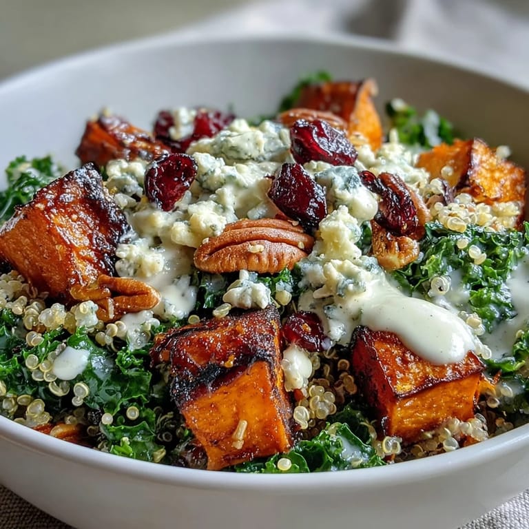 Vibrant Harvest Kale Quinoa Bowl, a nutritious meal topped with blue cheese and pecans.