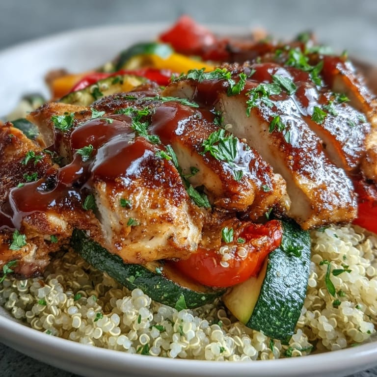 Colorful, hearty paprika herb chicken quinoa bowl with tender roasted seasonal vegetables.
