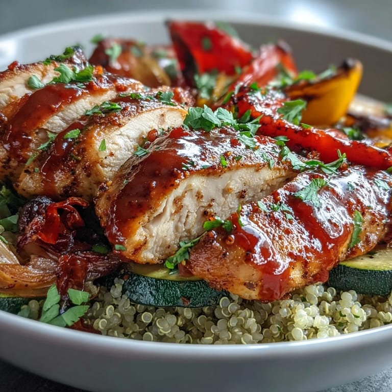 Visually appealing bowl of paprika herb chicken, roasted veggies, and fluffy quinoa.