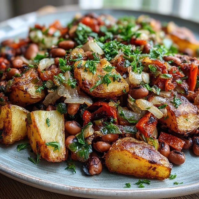 Savory Southern Black-Eyed Pea Hash with colorful bell peppers and golden potatoes on a serving plate.