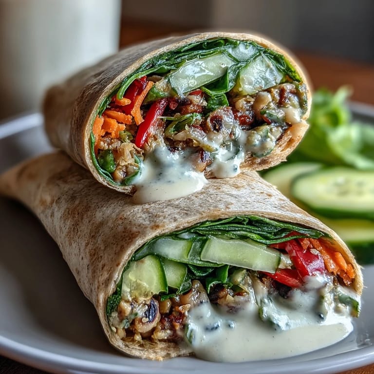 Freshly rolled Black-Eyed Pea Wraps filled with quinoa and crunchy veggies, served on a wooden board.