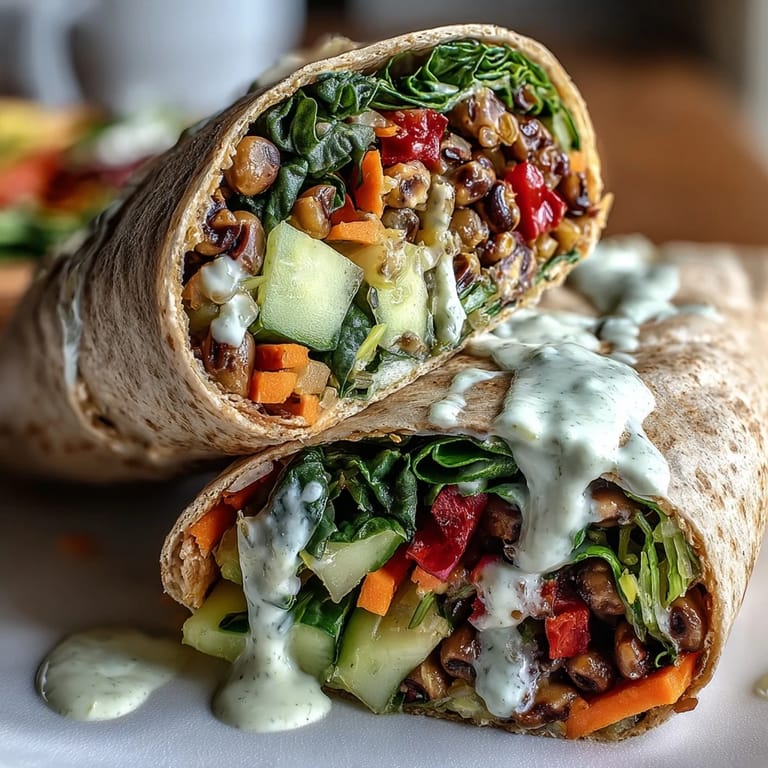 Healthy vegan Black-Eyed Pea Wraps with black-eyed peas and brown rice, cut in half for a picnic lunch.