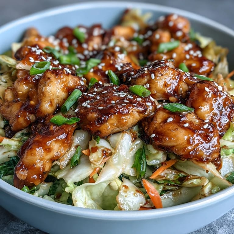 Steamy skillet of Egg Roll Bowls with Chicken and Cabbage reveals golden chicken, shredded cabbage, and carrots topped with scallions and sesame seeds for a crunch.