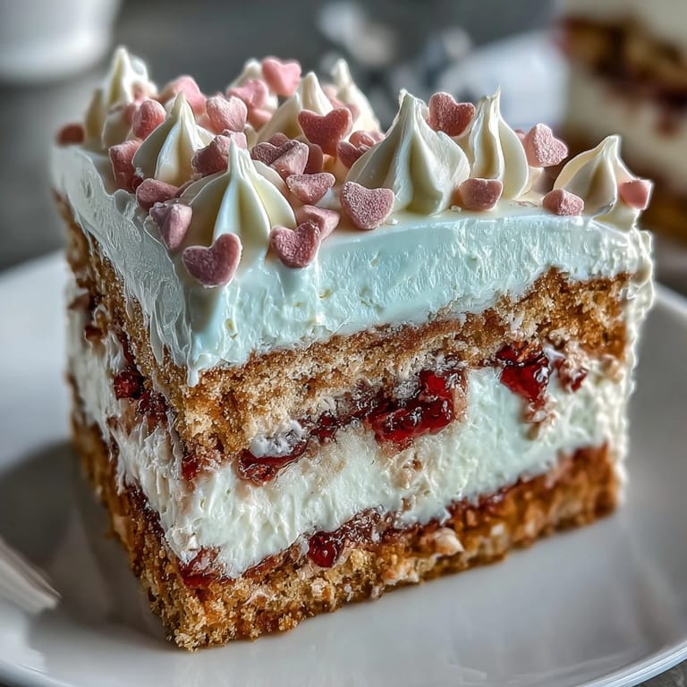 A whole Candy Hearts Fake Cake with pink whipped frosting, decorated with conversation hearts and rainbow sprinkles.