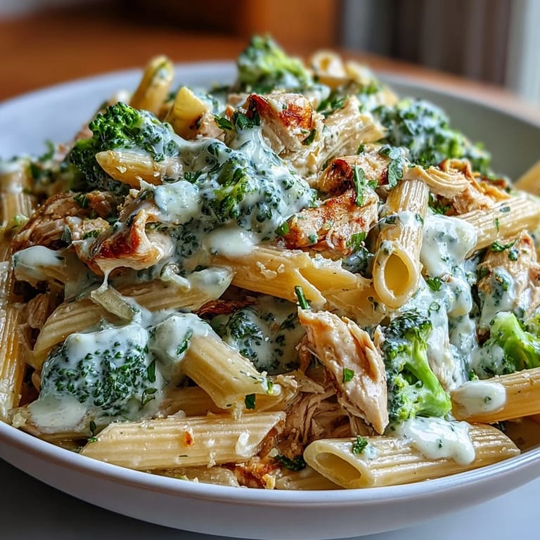 Creamy pasta with rotisserie chicken and broccoli florets in a skillet, garnished with fresh parsley and lemon zest.