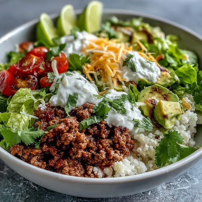 Close-up of a Low Carb Burrito Bowl with sizzling beef, cauliflower rice, and creamy sour cream.