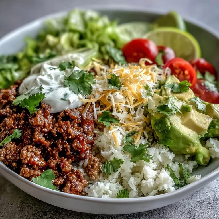 Crisp romaine, avocado, and cheese garnish a Low Carb Burrito Bowl with lime on the side.