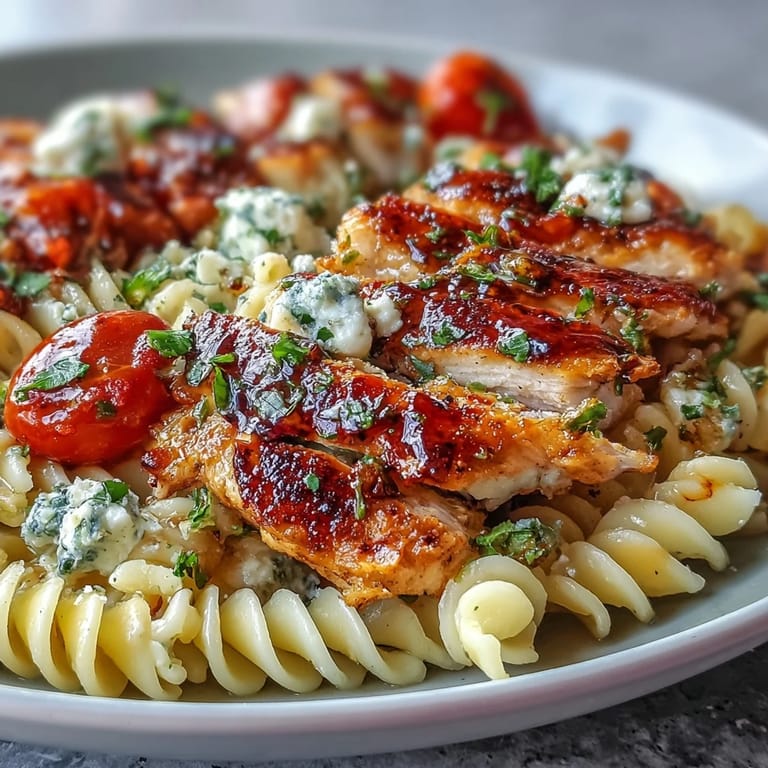 A fork twirls al dente penne with tender chicken, cherry tomatoes, and mozzarella in this family style Bruschetta Chicken Pasta.