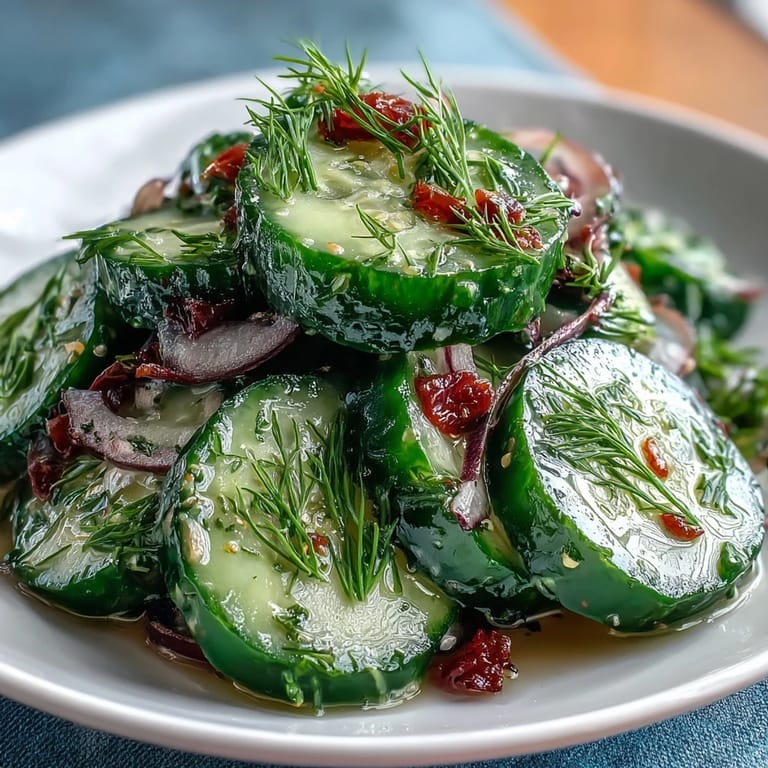 Savory Refreshing Crunchy Cucumber Salad garnished with sesame seeds, ready to serve alongside grilled salmon.