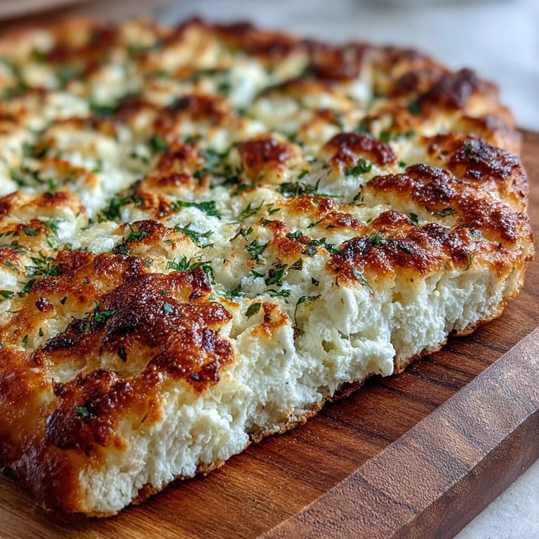 Warm Fluffy Cottage Cheese Flatbread resting on a wooden board, ready to be torn and served with a creamy dip.