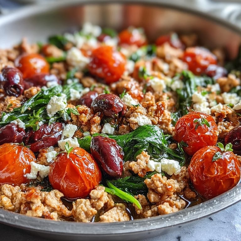 Colorful Mediterranean Keto Ground Chicken Skillet with vibrant red tomatoes, green spinach, and black olives, ready to serve with lemon wedges.