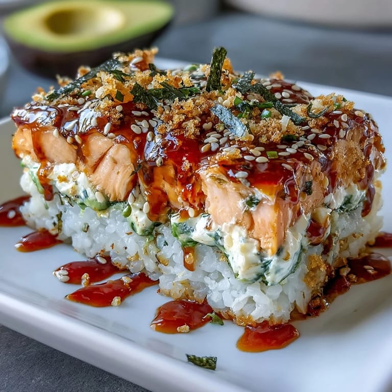 Freshly assembled Spicy Salmon Sushi Bake garnished with avocado slices and sesame seeds, ready to be scooped onto roasted seaweed snacks.