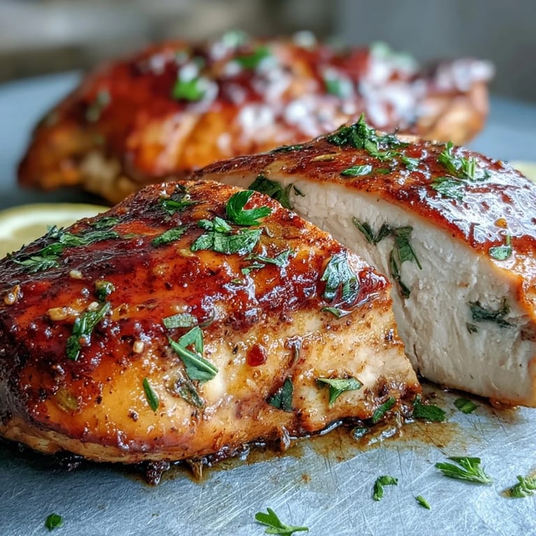 Freshly baked chicken breast with visible spice rub, resting beside roasted vegetables on a rustic wooden table for a satisfying weeknight meal.