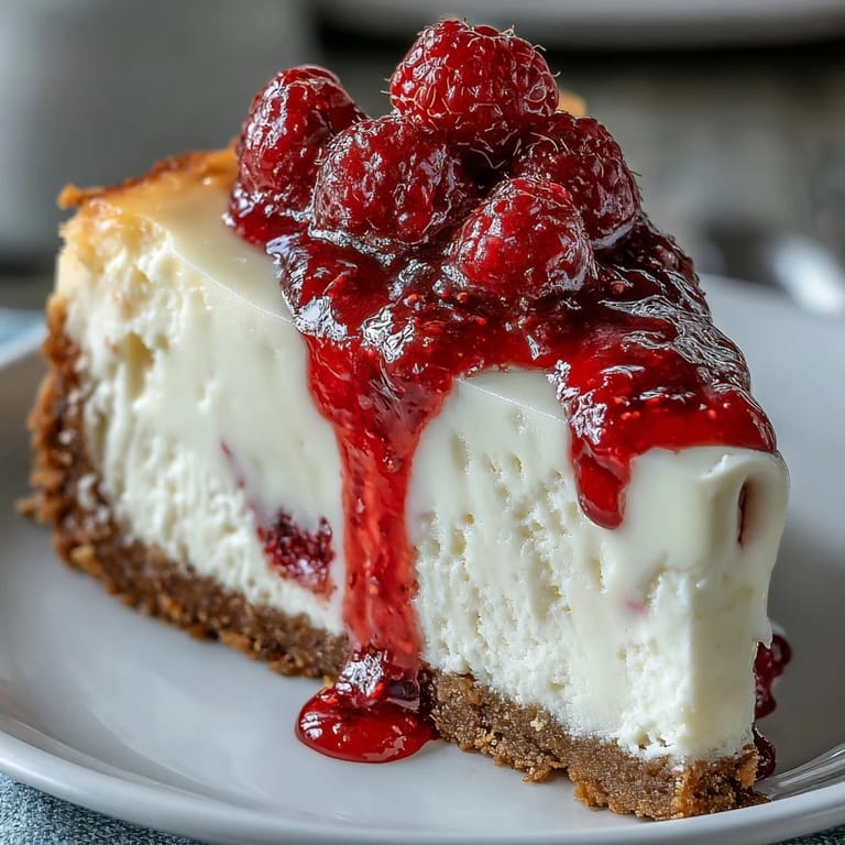 Overhead view of a whole Indulgent White Chocolate Raspberry Cheesecake Bliss, featuring a smooth, pale surface with deep magenta swirls, hinting at the tangy fruit and decadent white chocolate within.