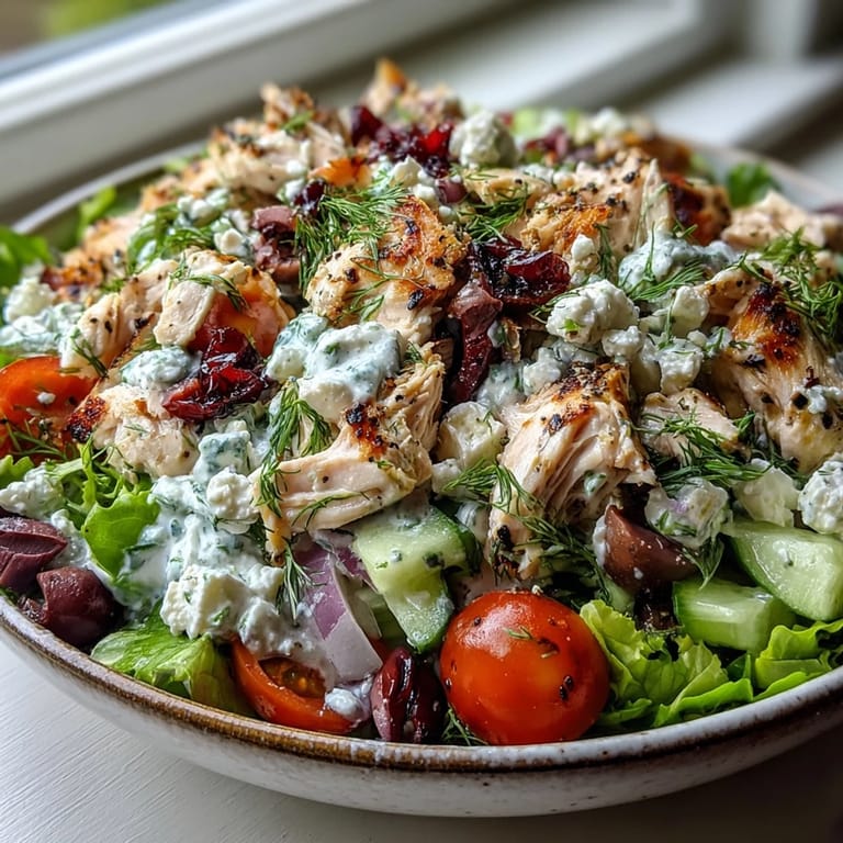 Serving suggestion: chilled Tzatziki Chicken Salad over fresh spinach, ready for a light lunch or refreshing dinner.