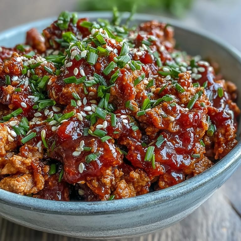 Heaping spoonfuls of Korean-style ground turkey over fluffy steamed rice, garnished with toasted sesame seeds and chopped chives.  
