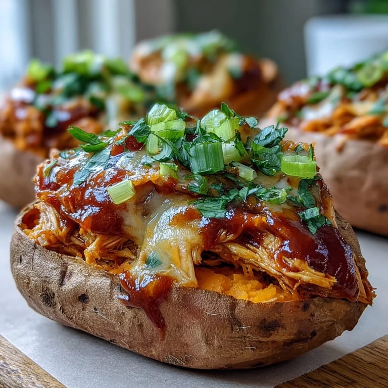 Roasted sweet potato halves filled with saucy BBQ chicken, melty cheese, and sliced green onions ready to eat.