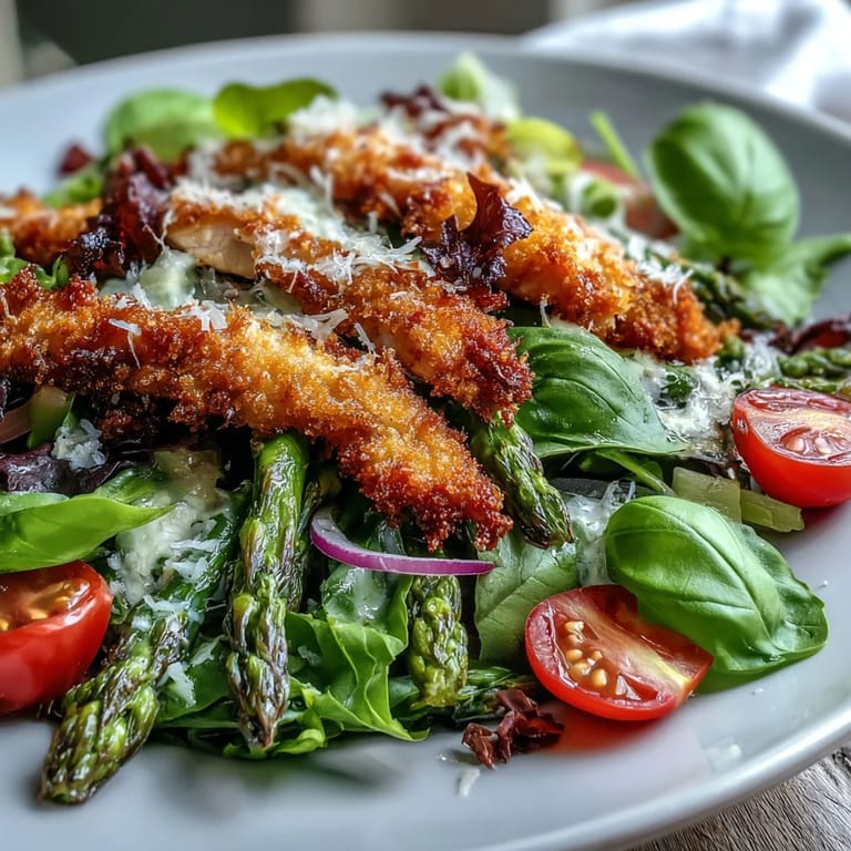 A fresh bowl of Crispy Parmesan Asparagus Chicken Salad featuring tender shredded chicken and a zesty lemon dressing drizzle.