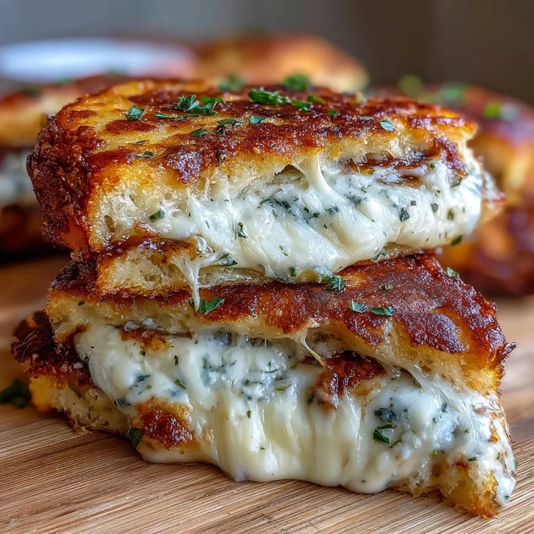 Buttery naan grilled cheese sandwich stacked with melty mozzarella, fresh garlic, and herbs on a rustic plate.