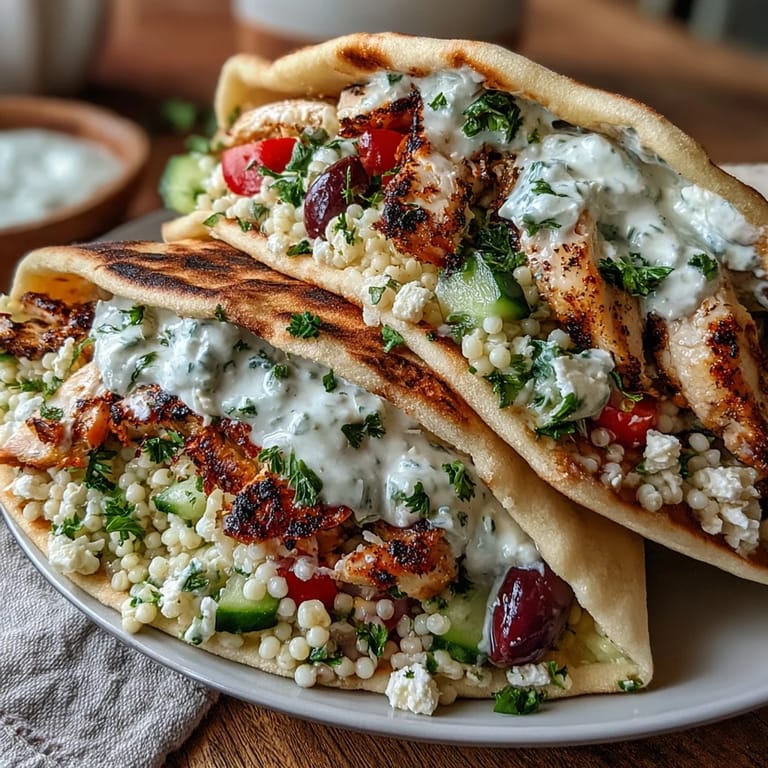 A close-up of a soft pita half, overflowing with tender chicken, vibrant veggies, and a generous dollop of cool tzatziki sauce.