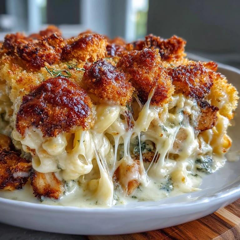 Close-up of Pesto Chicken Mac & Cheese showing creamy cheddar sauce and tender pesto marinated chicken.