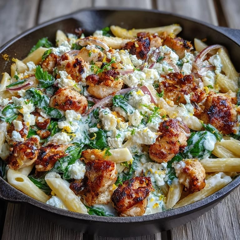 Tender chicken pieces and al dente pasta are coated in creamy Greek yogurt sauce with vibrant spinach.