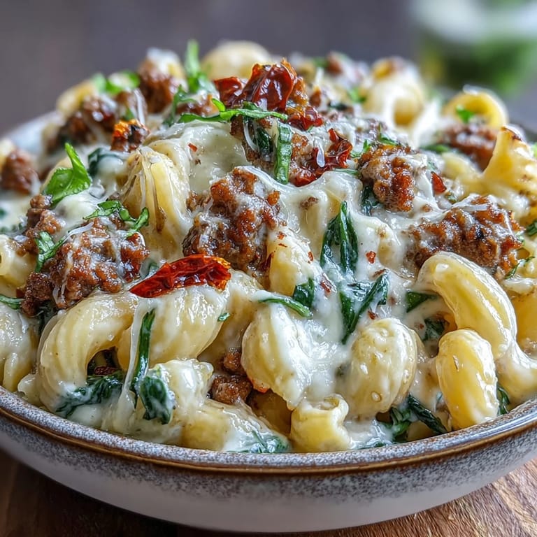 Close-up of Creamy Tuscan Chili Mac showing juicy sun-dried tomatoes and creamy sauce clinging to al dente elbow macaroni.
