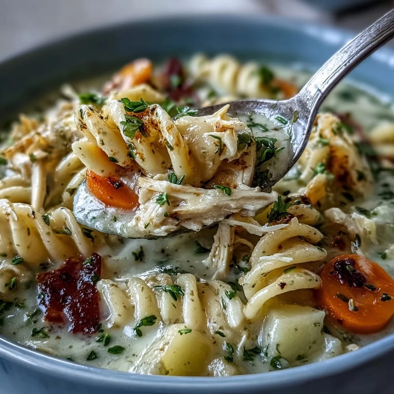 Overhead view of Creamy Chicken Pot Pie Soup in a rustic bowl, paired with crusty bread on a linen napkin.