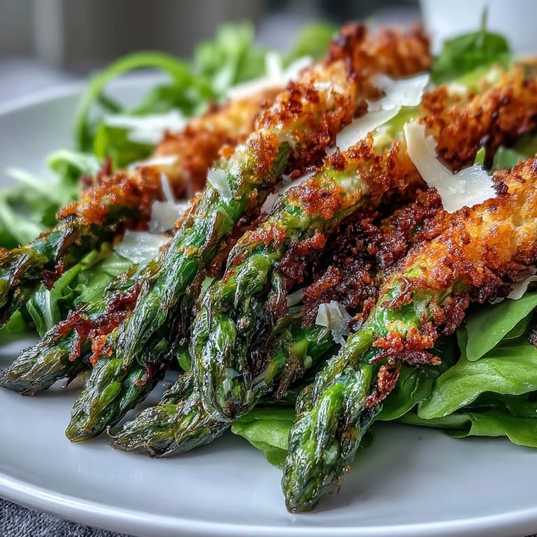 A close-up of crispy Parmesan asparagus chicken salad, showcasing crunchy breadcrumbs, tender greens, and a drizzle of zesty lemon dressing.