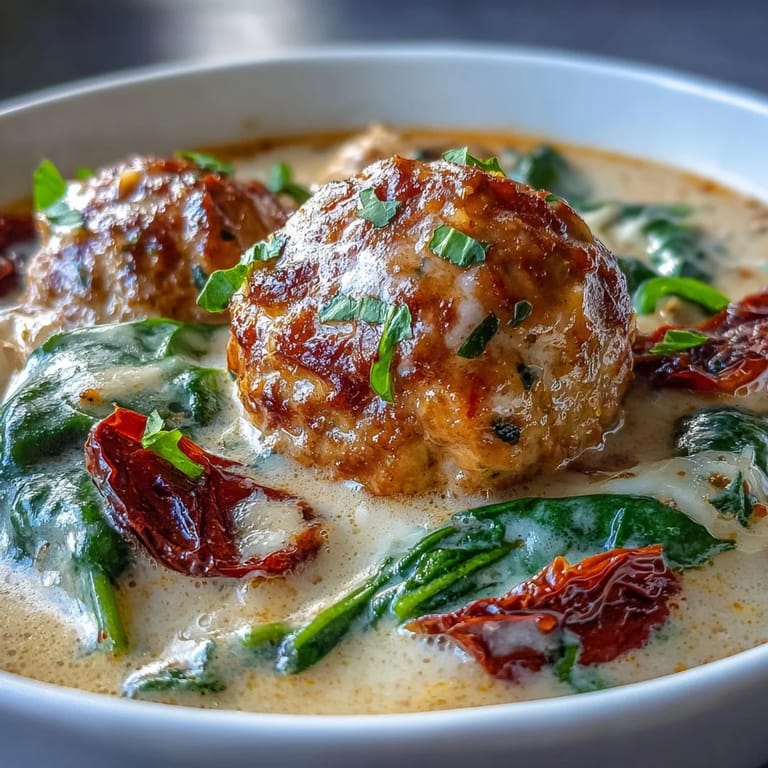Fresh basil garnish and sun-dried tomatoes top a steaming bowl of Creamy Tuscan Turkey Meatball Soup next to crusty bread.