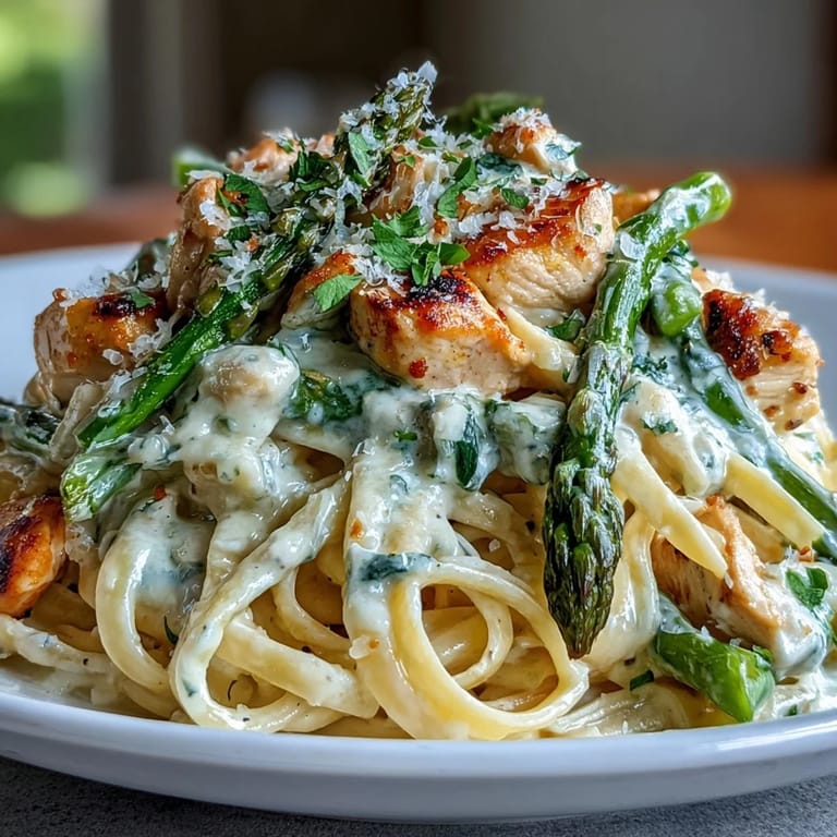Plated Creamy Asiago Chicken & Asparagus Pasta showcases twirled linguine, a rich white sauce, and a sprinkle of fresh parsley garnish.