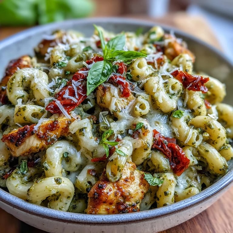 A fork stirs creamy Pesto Chicken Chili Mac, blending basil pesto with sun-dried tomatoes and pasta in a skillet.
