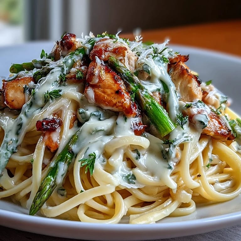 Steaming Creamy Asiago Chicken & Asparagus Pasta plated with a glass of Pinot Grigio, perfect for a comforting Italian-American dinner.