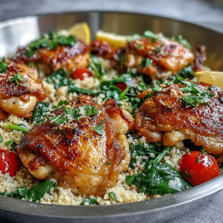 One-pan Garlic Butter Chicken Couscous simmered with spinach and lemon zest, served directly from the skillet with lemon wedges.