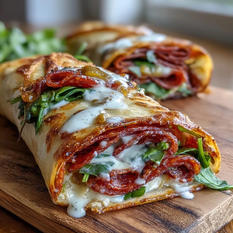 Toasted Low-Carb Italian Sub Wrap with melted cheese and stacked salami, sliced in half on a rustic board beside extra banana peppers.