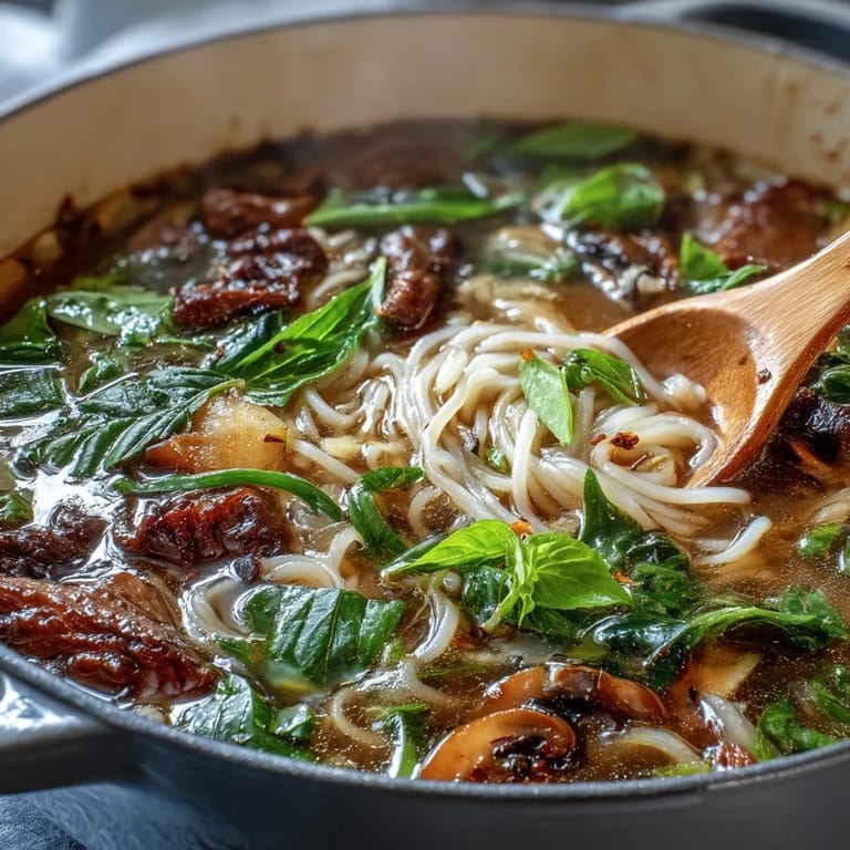 A steaming bowl from the Asian Hot Pot Noodle Feast, filled with broth, noodles, beef, and fresh herbs, served with lime wedges.