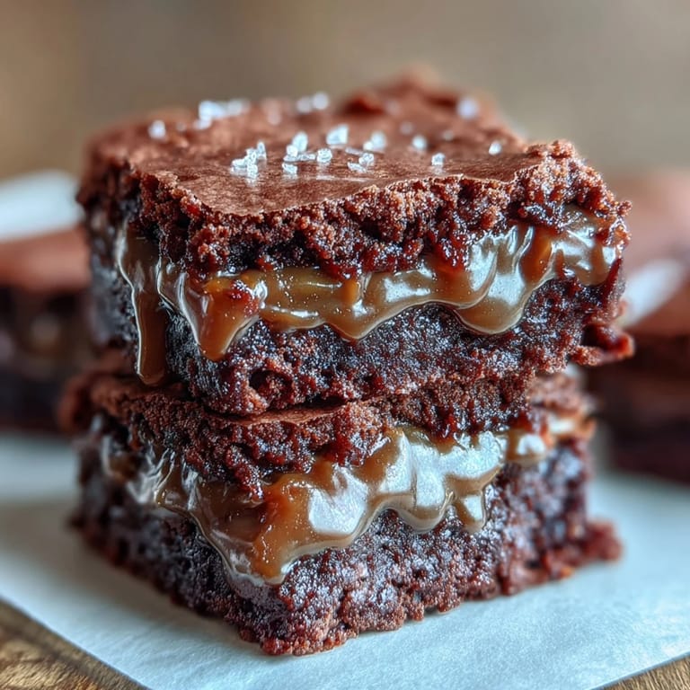 Fudgy squares of Miso Caramel Brownies are topped with flaky sea salt, showcasing a glossy caramel drizzle against deep cocoa brownies.