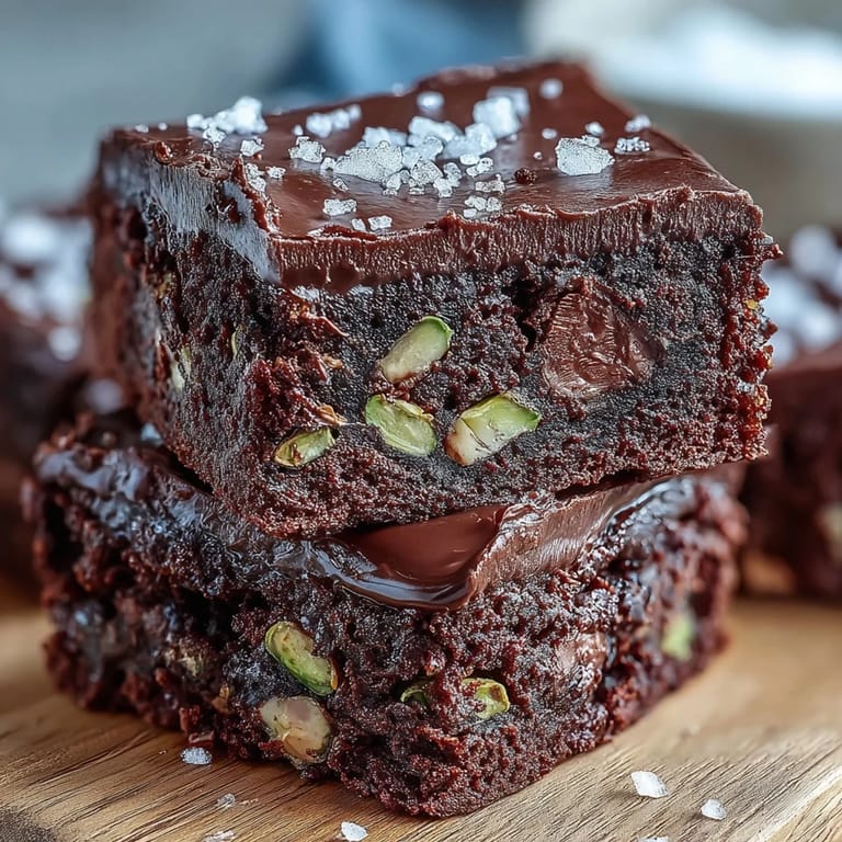 Hand lifting a dense square of pistachio-chocolate snacking cake topped with flaky sea salt from a parchment-lined baking pan.