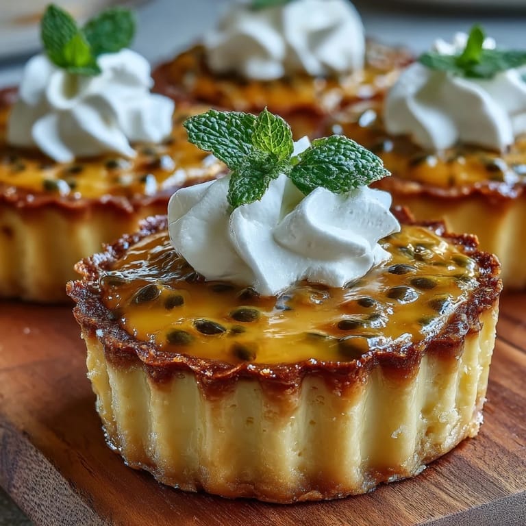 Golden Passionfruit Curd Tart slice reveals flaky buttery crust and smooth tangy curd topped with sweet cream and fresh mint for dessert. 