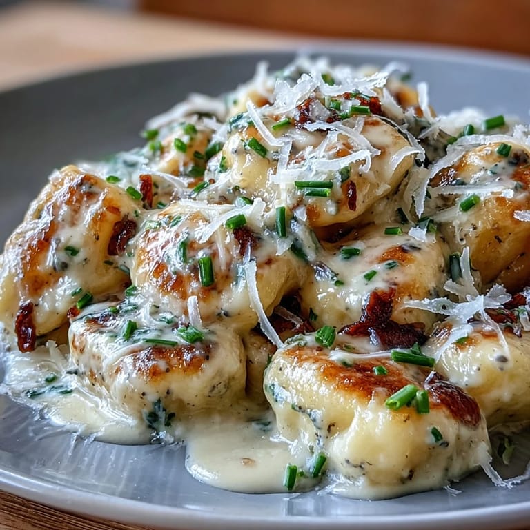 Plated Italian-inspired Truffle-Butter Gnocchi garnished with herbs, a white wine pairing, and a fork ready to serve.