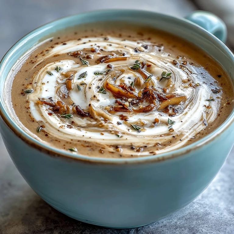 Velvety Creamy Mushroom & Cardamom Soup in a white ceramic bowl, highlighting the smooth texture and aromatic spices.