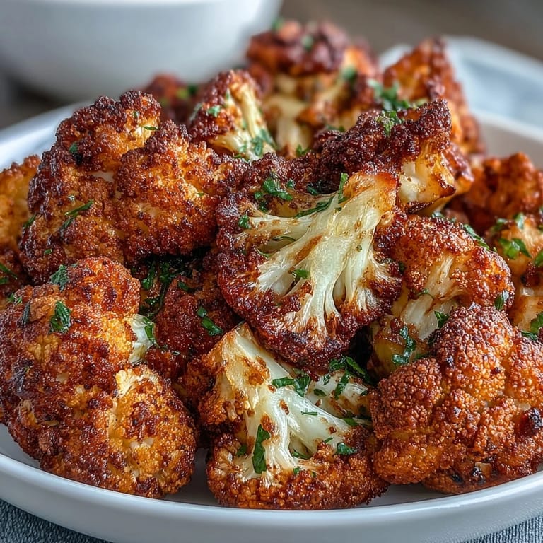 Jerk Seasoning Roasted Cauliflower served hot in a white bowl with fresh herbs.