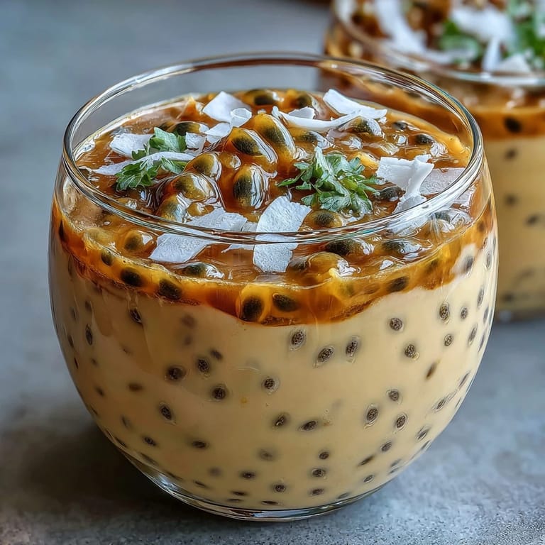 Vibrant yellow passionfruit pulp swirls over chilled chia pudding, garnished with shredded coconut, making an easy tropical dessert for a healthy brunch.