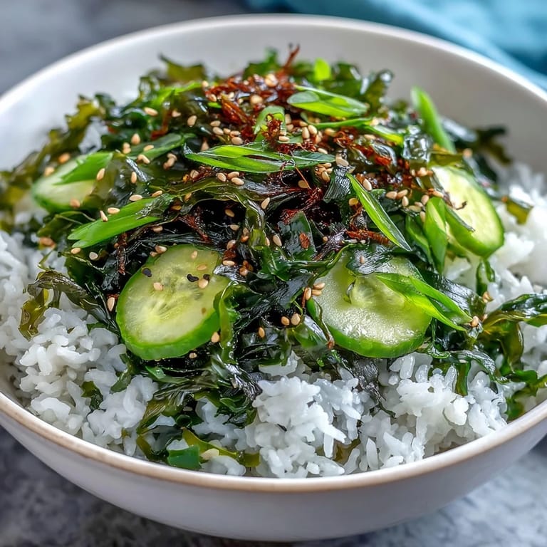 A vibrant Seaweed & Nori Rice Bowl with rehydrated wakame, pickled ginger, and fluffy sushi rice in a ceramic bowl.