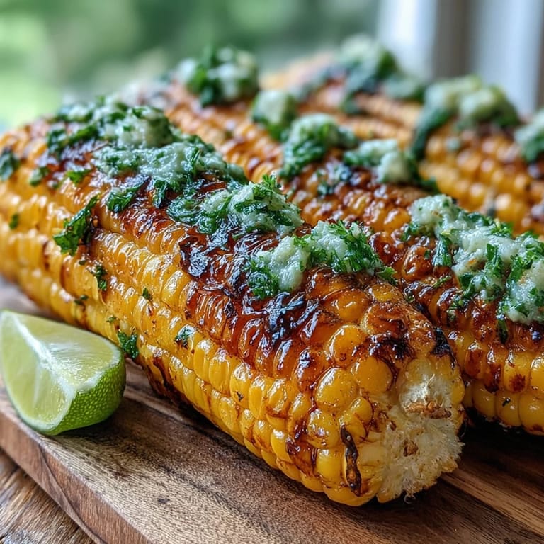 Freshly grilled Miso-Butter Corn on the Cob displays charred kernels, served alongside lime wedges and a bowl of shichimi togarashi.