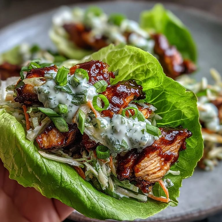 BBQ chicken lettuce wraps filled with juicy seasoned chicken and crunchy tangy slaw, perfect for healthy meal prep or a quick low-carb dinner.
